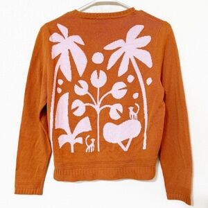 🛍️Happy Sheep SAMPLE Palm Print Cashmere Blend Orange Monkey Cardigan Sweater